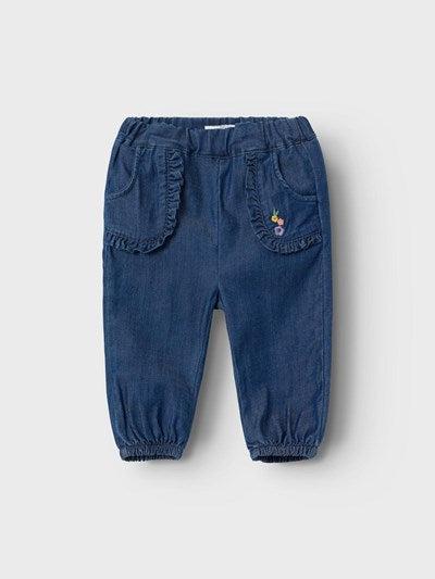Name it mjuka baggy jeans med krusiduller/broderier - Bella - Mörkblå Denim - Byxor - MamaMilla